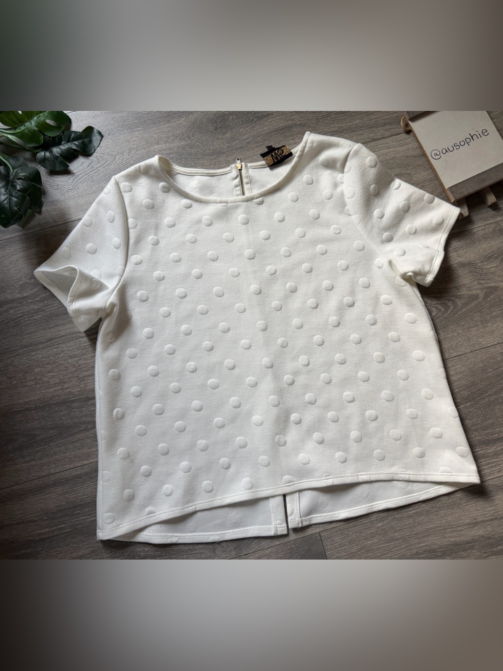 W5 White Raised Polka Dot Textured Zip Back Short Sleeve Top. Size M